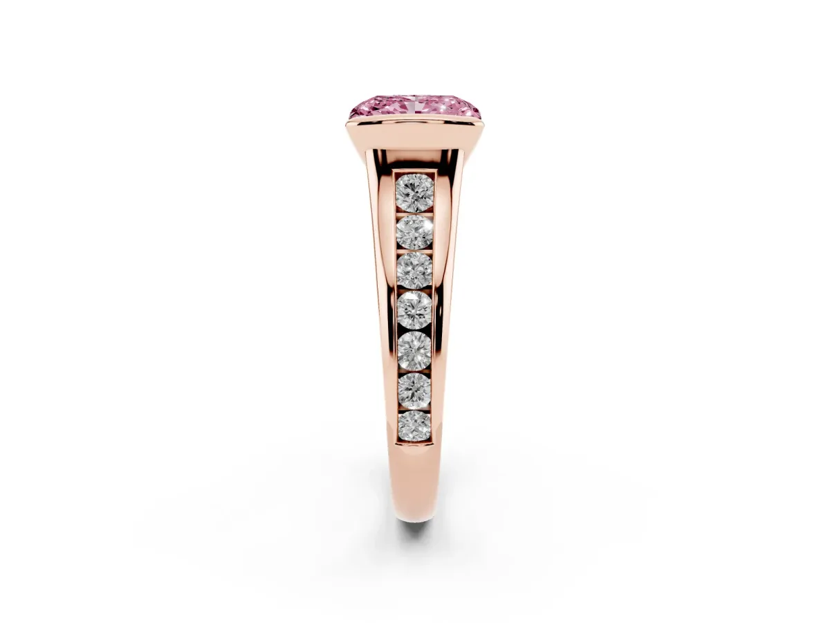 Fancy Pink Radiant Cut Solitaire Bezel-Set Diamond Ring with Channel-Set Band Rose gold