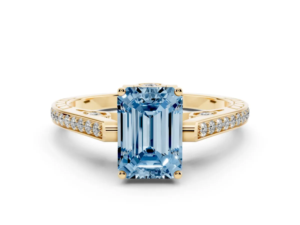 Fancy Blue Emerald Cut Cut Cathedral Pave Diamond Engagement Ring with Six-Prong Setting Yellow gold