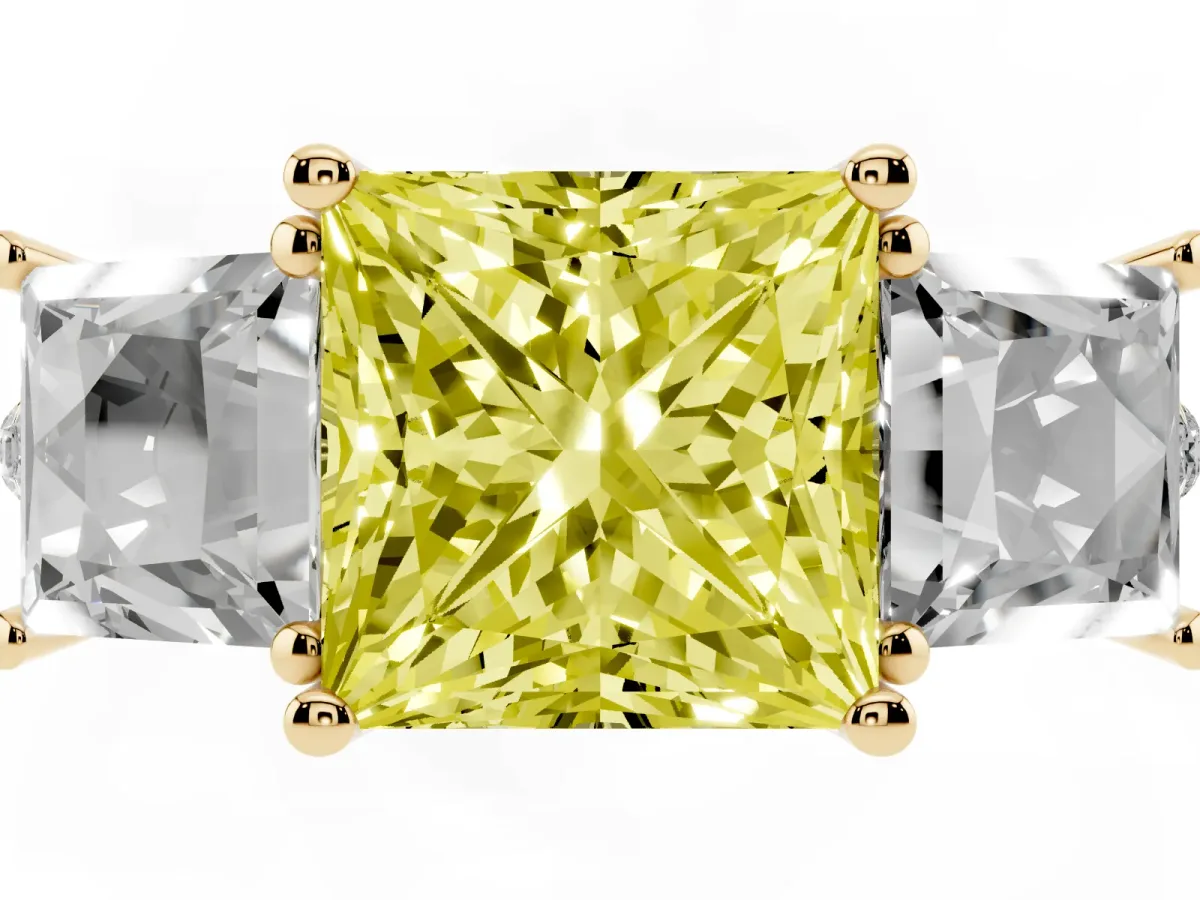 Fancy Yellow Three-Stone Princess Cut Diamond Ring with Round Pavé Band and Prong Setting Yellow gold