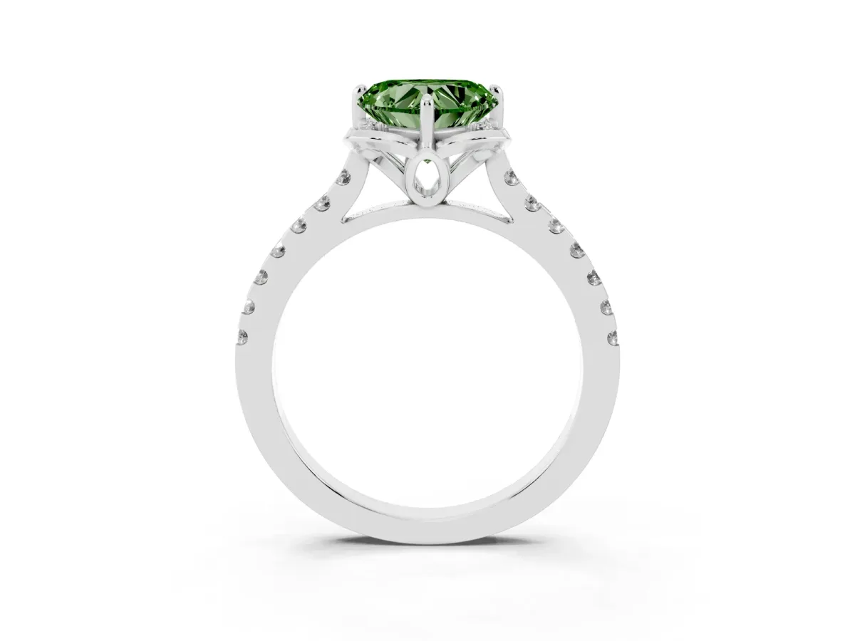 Fancy Green Heart Cut Diamond Ring with Pavé Band and Floral Prong Setting Platinum