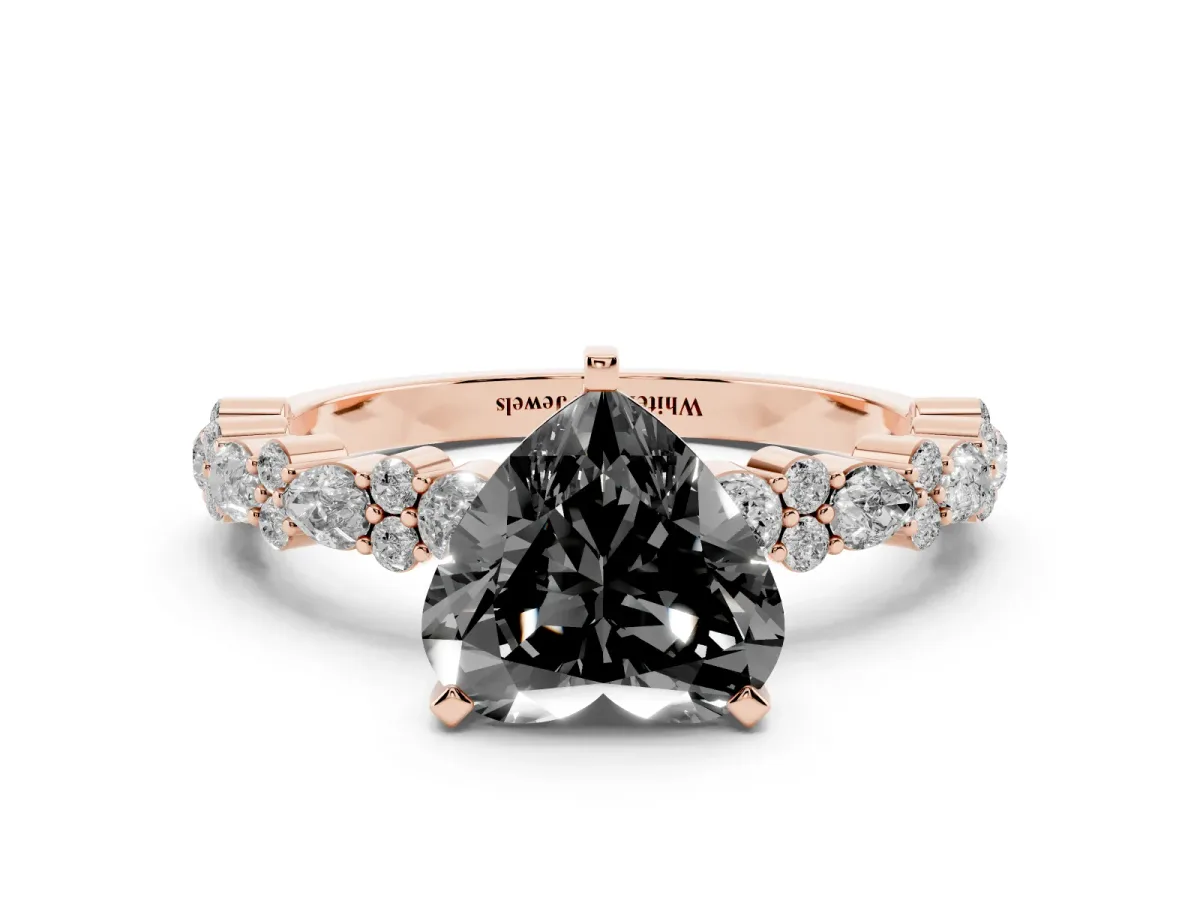 Fancy Black Heart Cut Diamond Side Stone Solitaire Ring with Round and Four-Prong Setting Rose gold