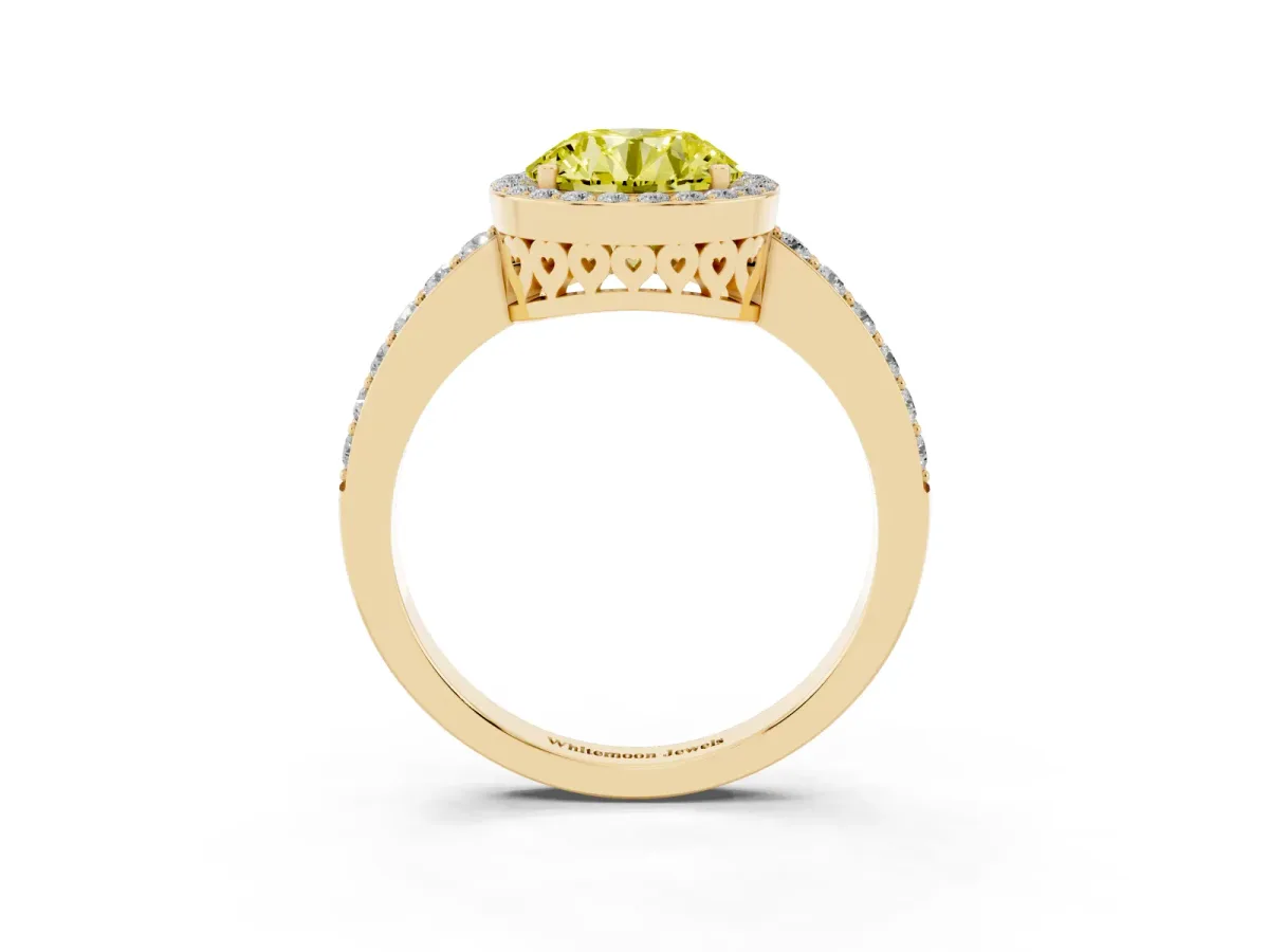 Fancy Yellow Round Cut Halo Diamond Pavé Band Ring with Prong Setting Yellow gold
