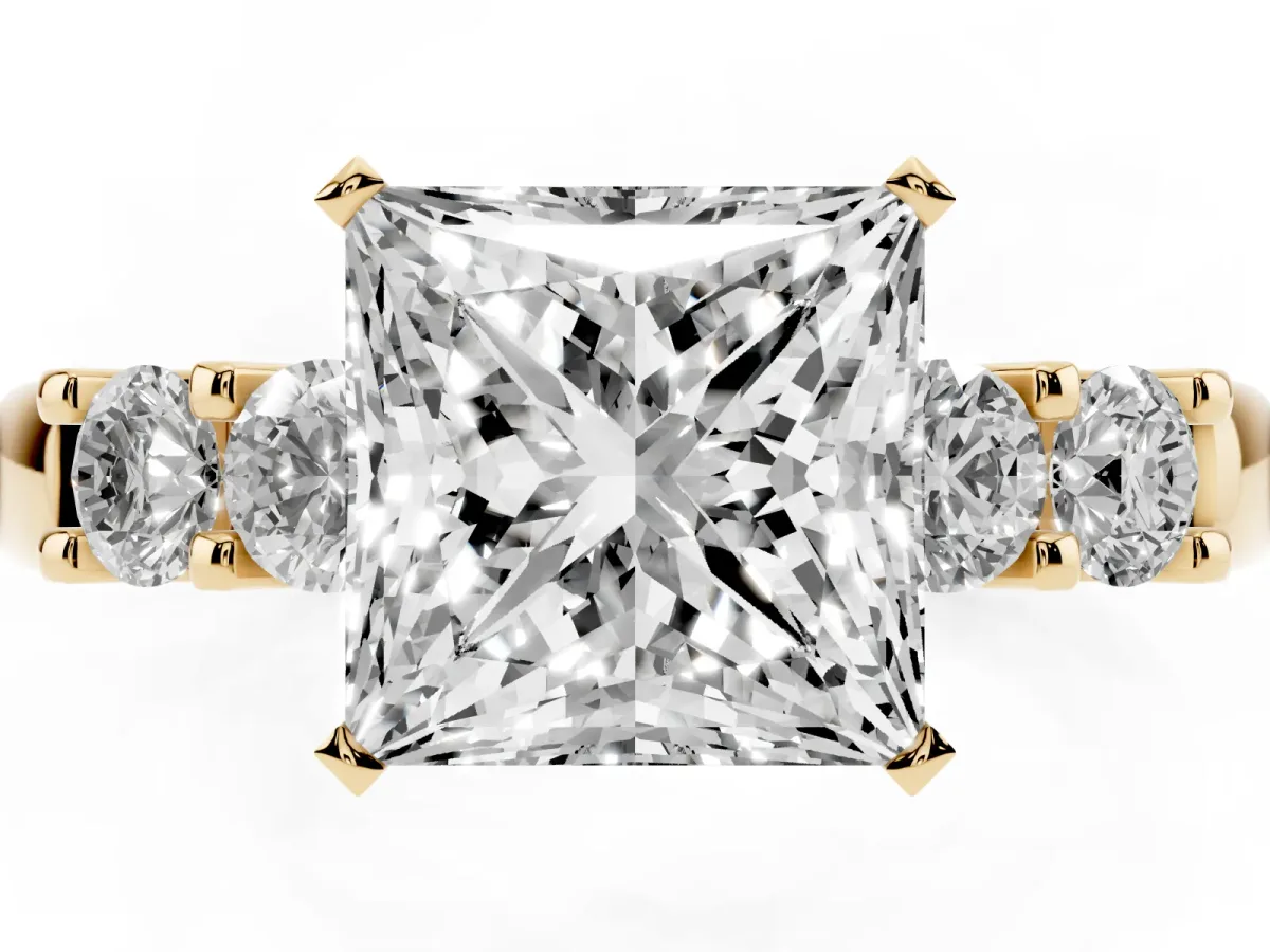 Princess Cut Brilliant Cut Diamond Five-Stone Prong Set Engagement Ring with Channel Band Yellow gold