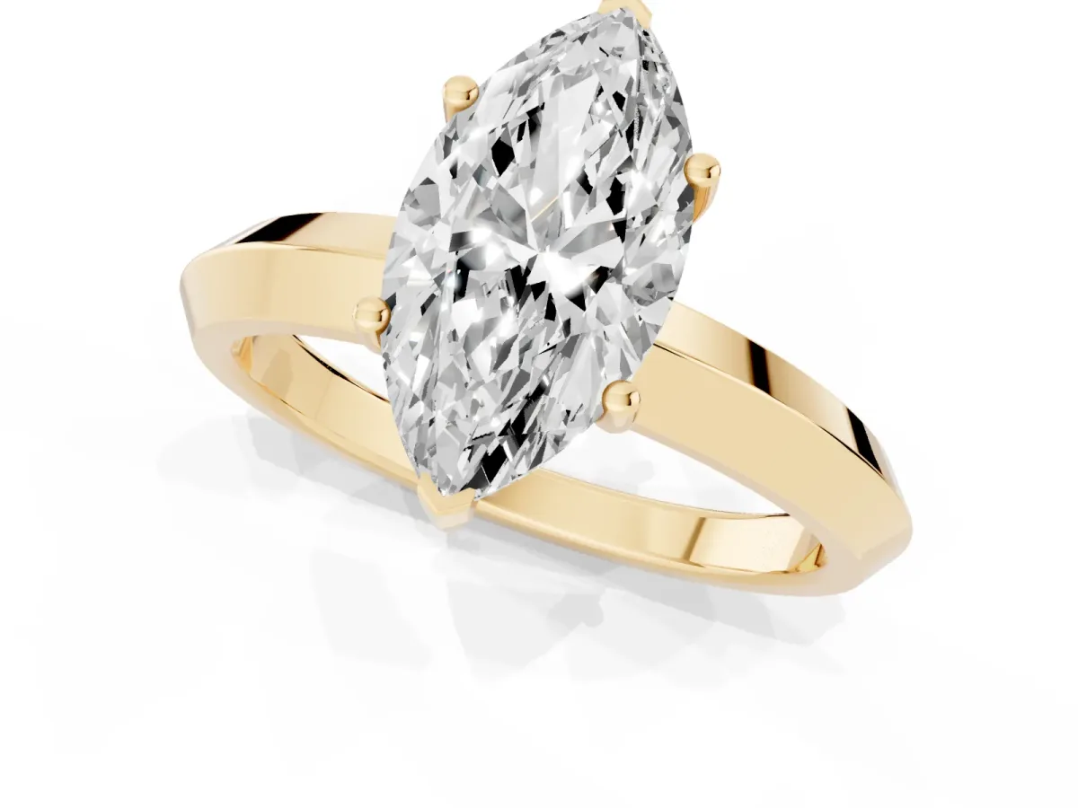 Marquise Cut Cut Solitaire Engagement Ring with Flat Band and Four-Prong Setting Yellow gold