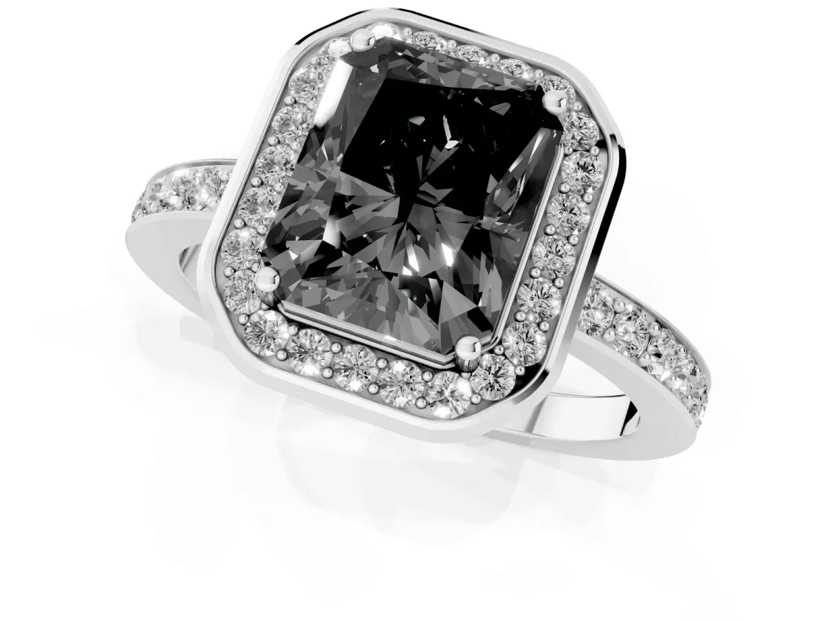 Fancy Black Radiant Cut Diamond Halo Ring with Bezel Frame and Pavé Band Silver