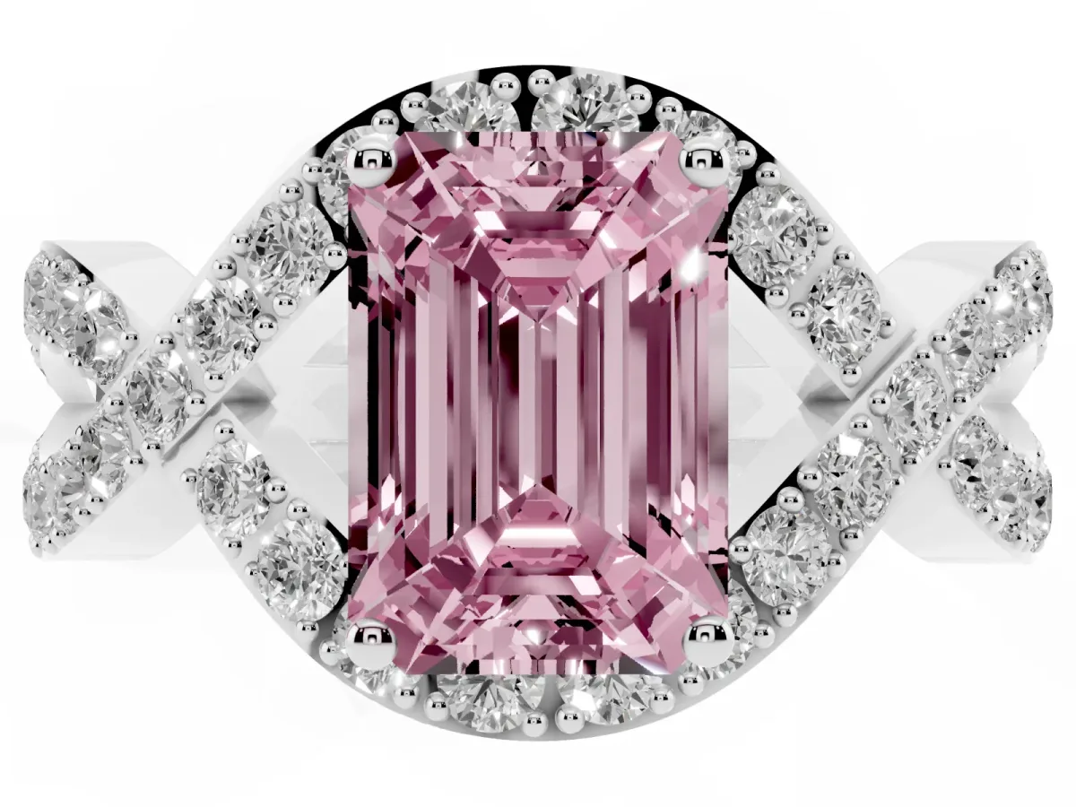 Fancy Pink Emerald Cut Solitaire Twist Band Pavé Diamond Engagement Ring Silver