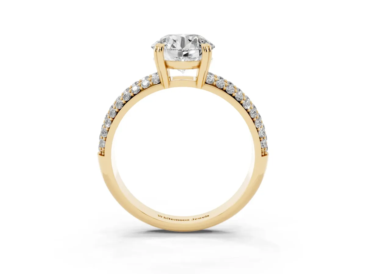 Round Cut Diamond Solitaire Ring with Multi-Row Round Pavé Band and Prong Setting Yellow gold