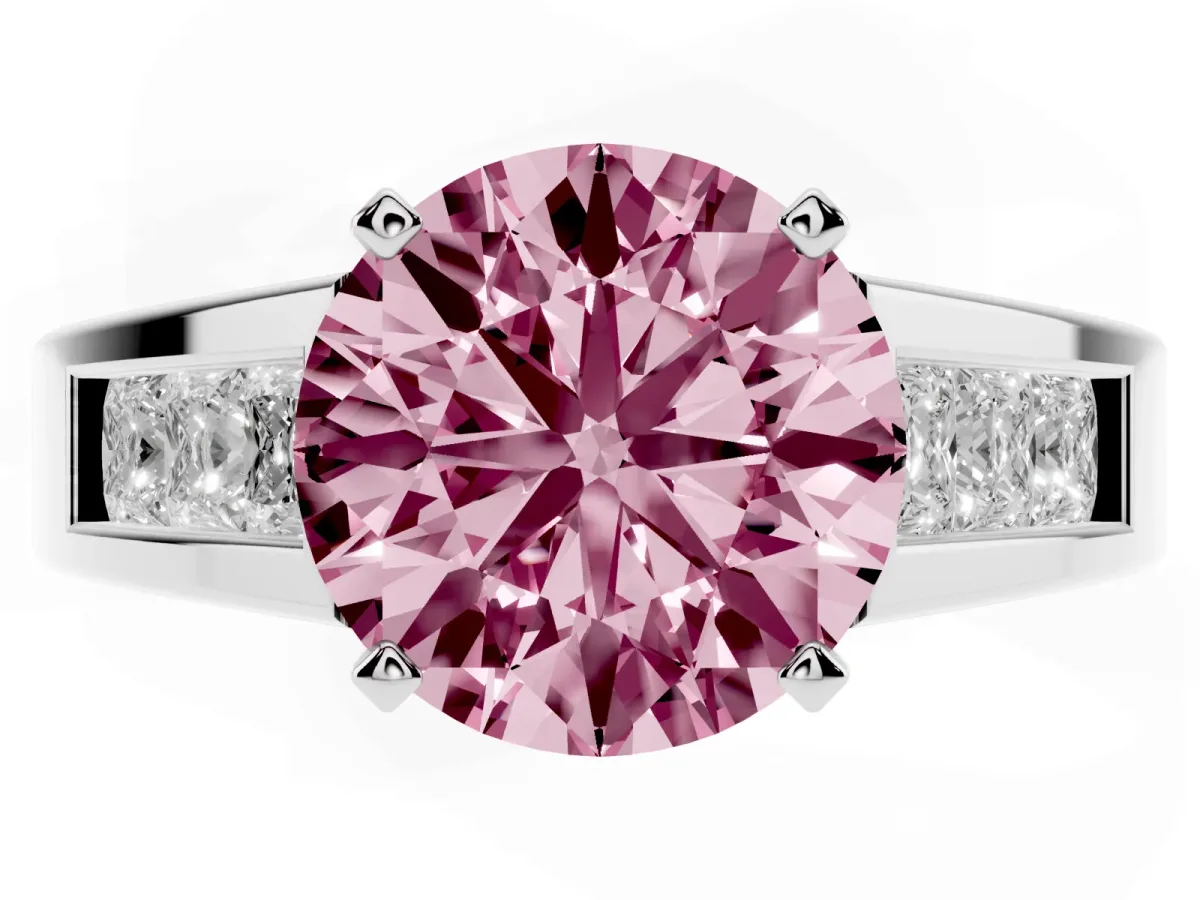 Fancy Pink Round Cut Cut Channel Set Solitaire Ring with Four-Prong Setting Platinum