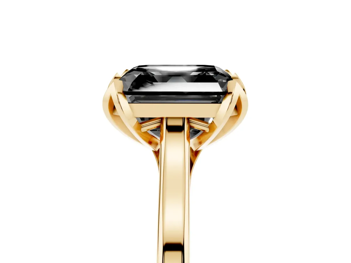 Fancy Black Asscher Cut Diamond Solitaire Ring with Flower Prong Setting and Classic Band Yellow gold