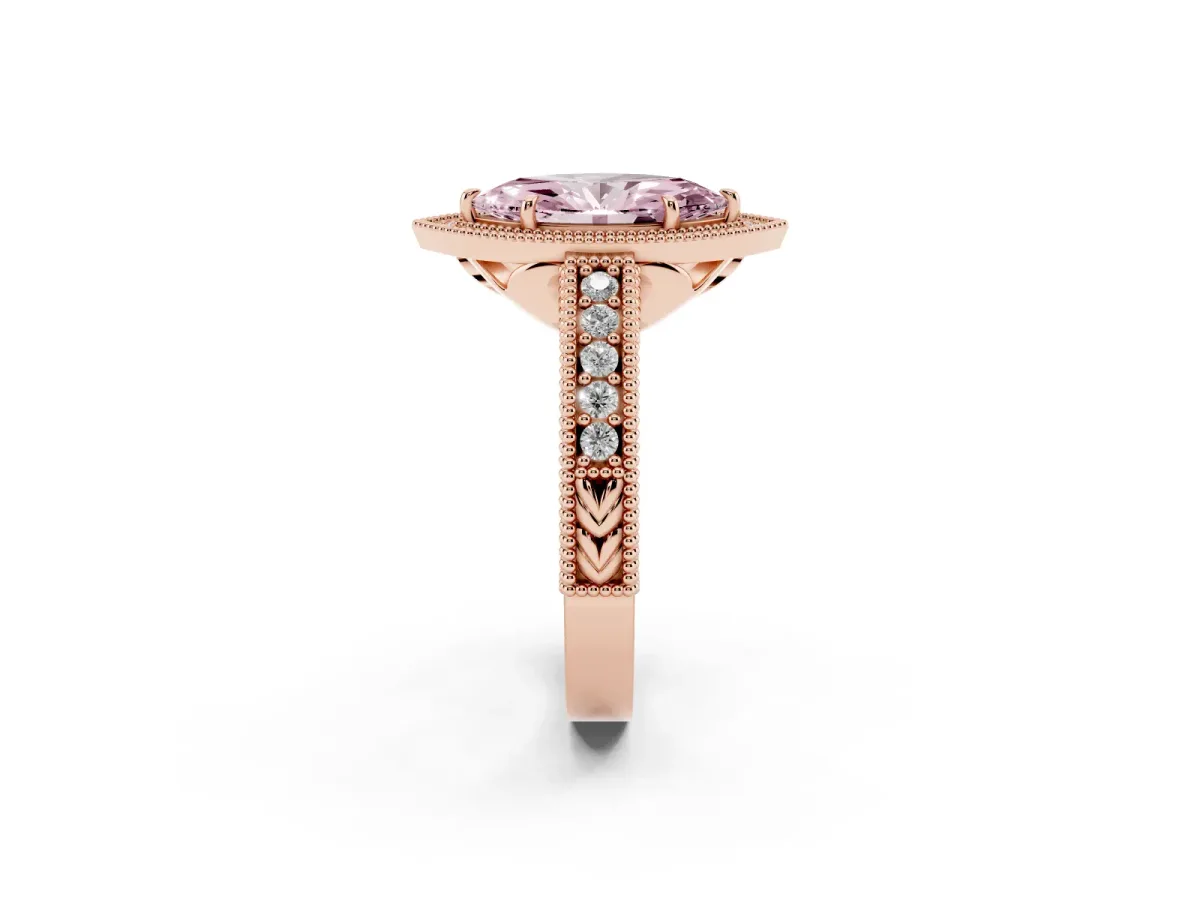 Fancy Pink Marquise Cut Cut Halo Diamond Ring with Pavé Band and Four-Prong Setting Rose gold