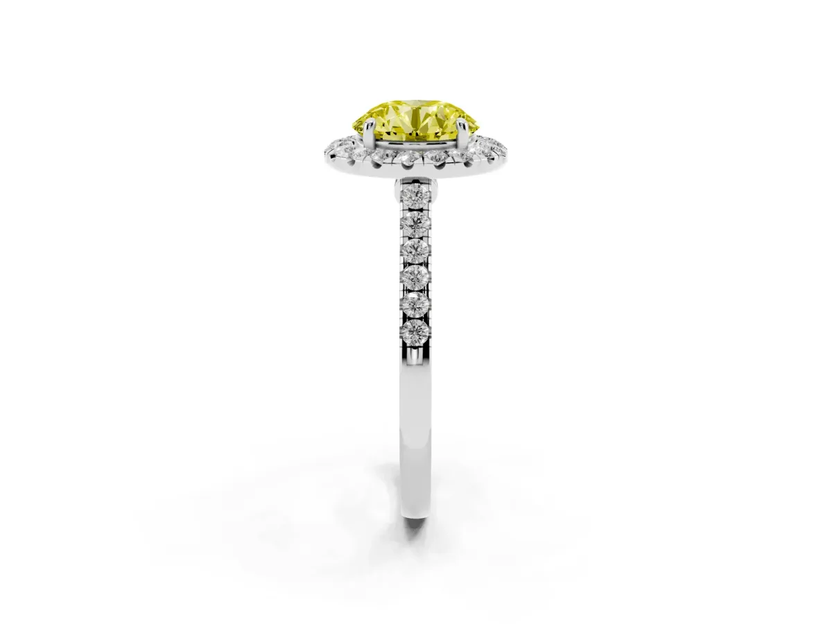 Fancy Yellow Round Cut Halo Pave Diamond Engagement Ring with Four-Prong Setting White gold