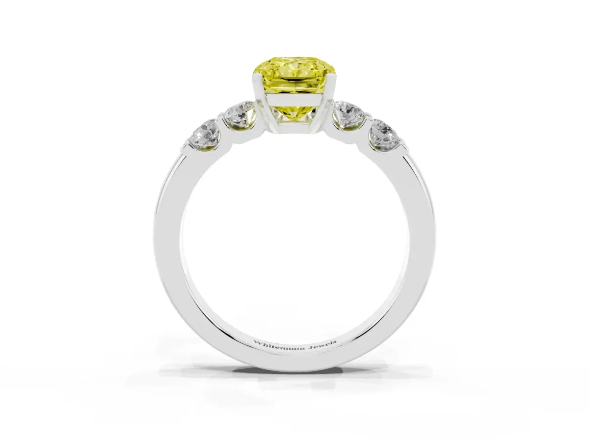 Fancy Yellow Radiant Cut Brilliant Cut Diamond Five-Stone Prong Set Engagement Ring with Channel Band White gold