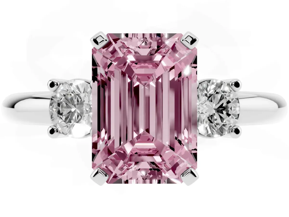 Fancy Pink Three-Stone Emerald Cut Cut Diamond Solitaire with Prong Setting and Classic Band Silver