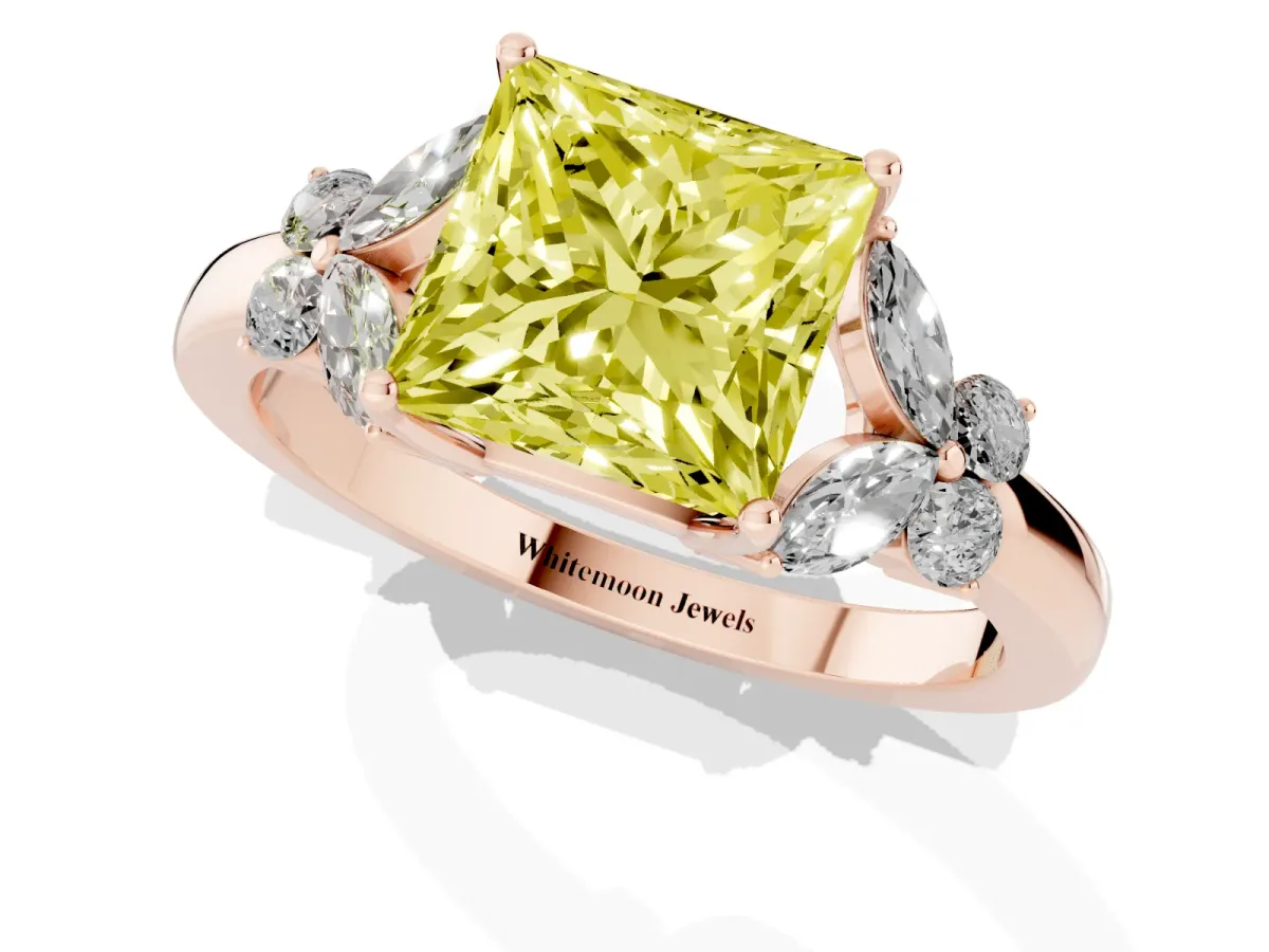 Fancy Yellow Princess Cut Cut Solitaire Floral Diamond Ring with Four-Prong Setting Rose gold