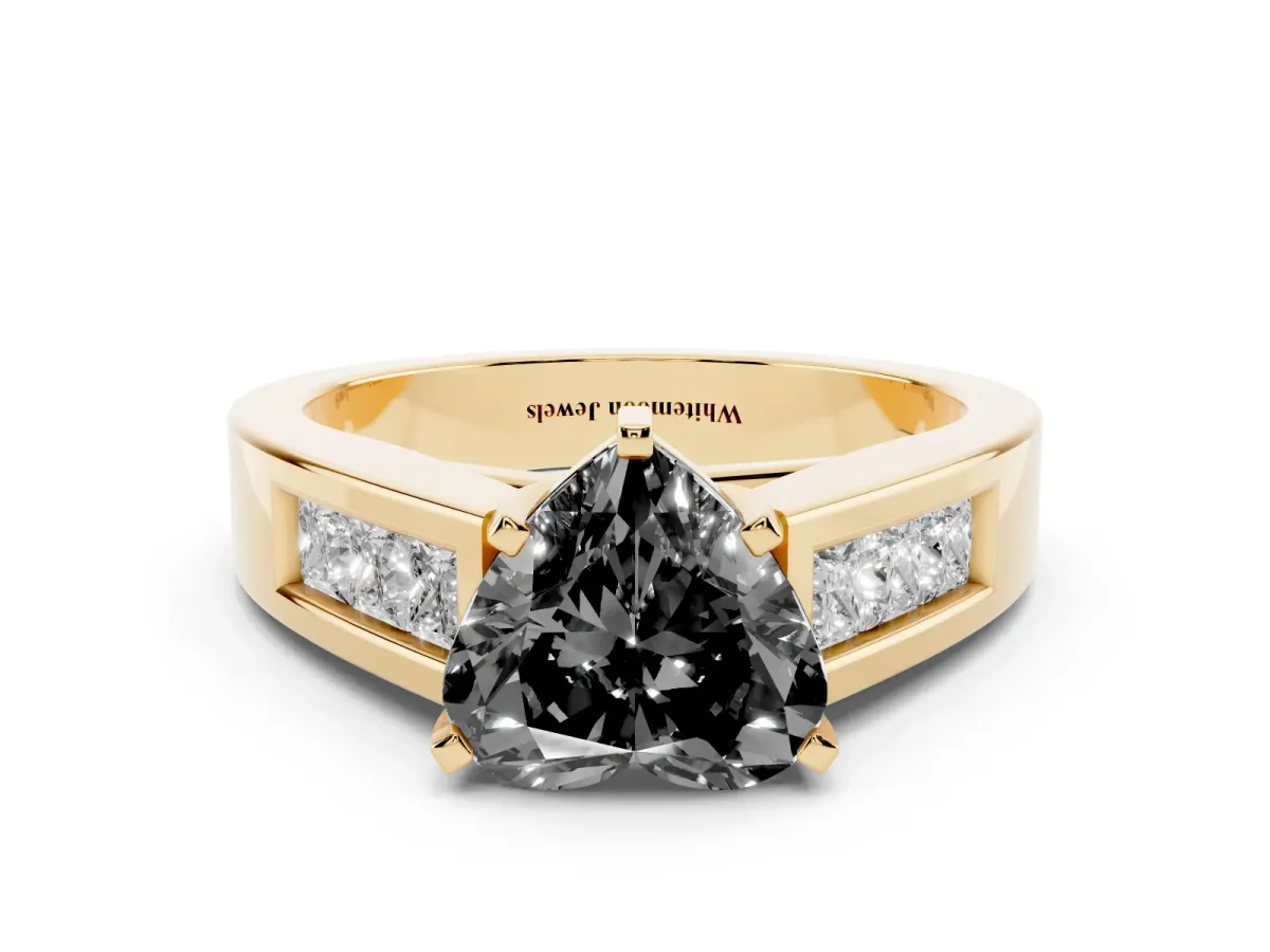 Fancy Black Heart Cut Cut Channel Set Solitaire Ring with Four-Prong Setting Yellow gold