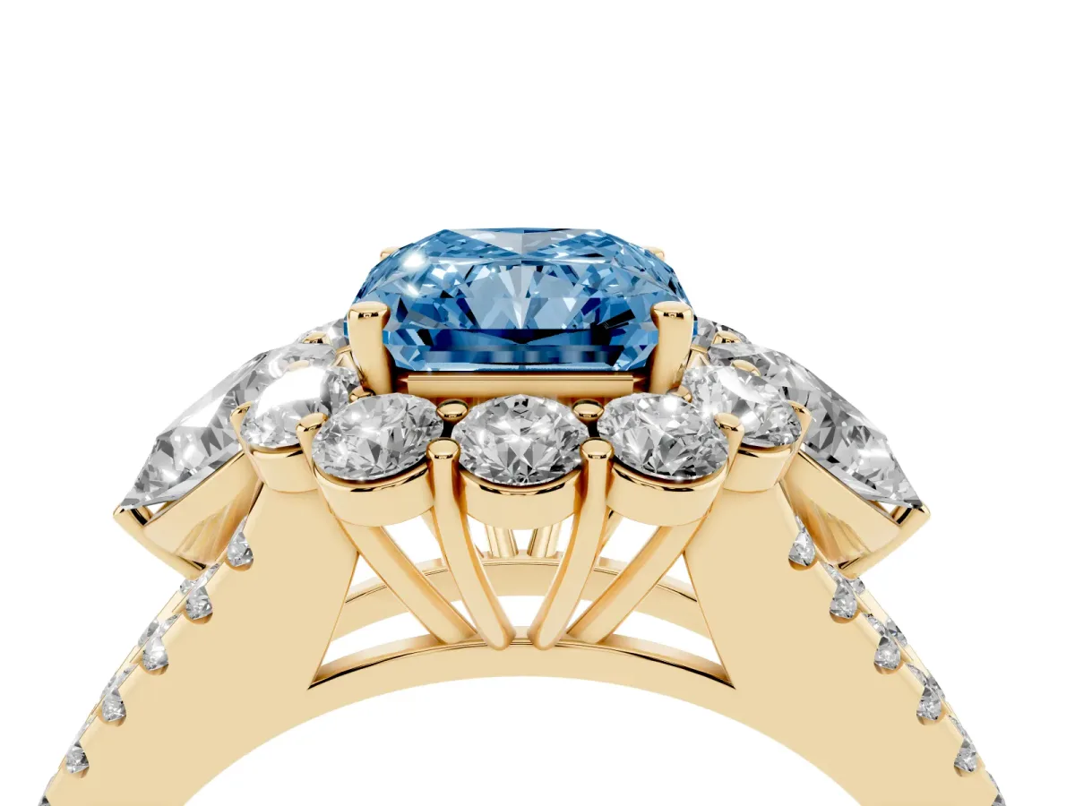 Fancy Blue Radiant Cut Halo Split Shank Diamond Engagement Ring with Prong Setting Yellow gold