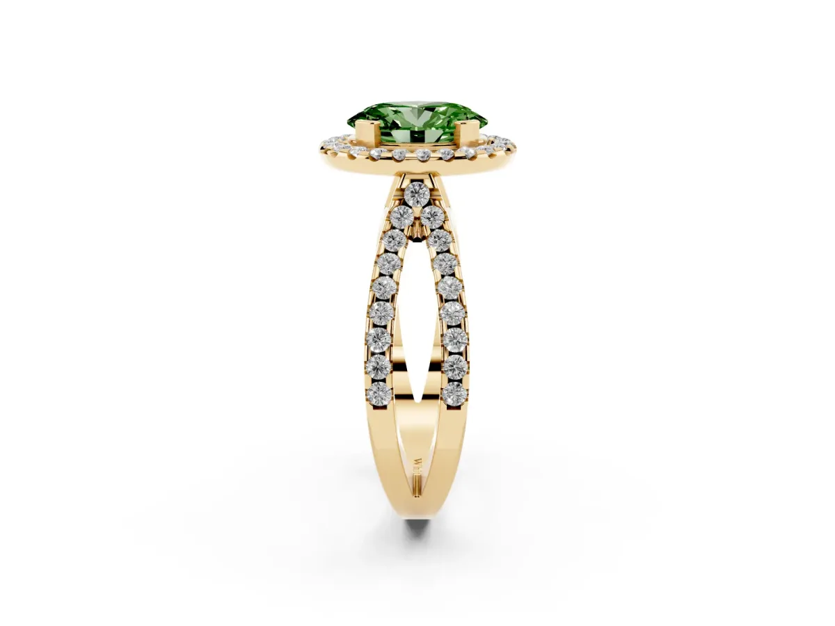 Fancy Green Oval Cut Diamond Halo Ring with Split Shank Pavé Band and Prong Setting Yellow gold