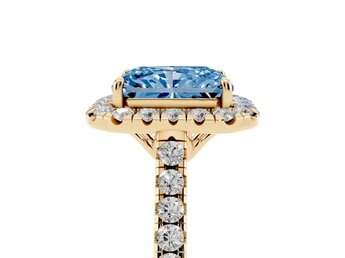Fancy Blue Radiant Cut Halo Pavé Diamond Engagement Ring with Four-Prong Setting Yellow gold