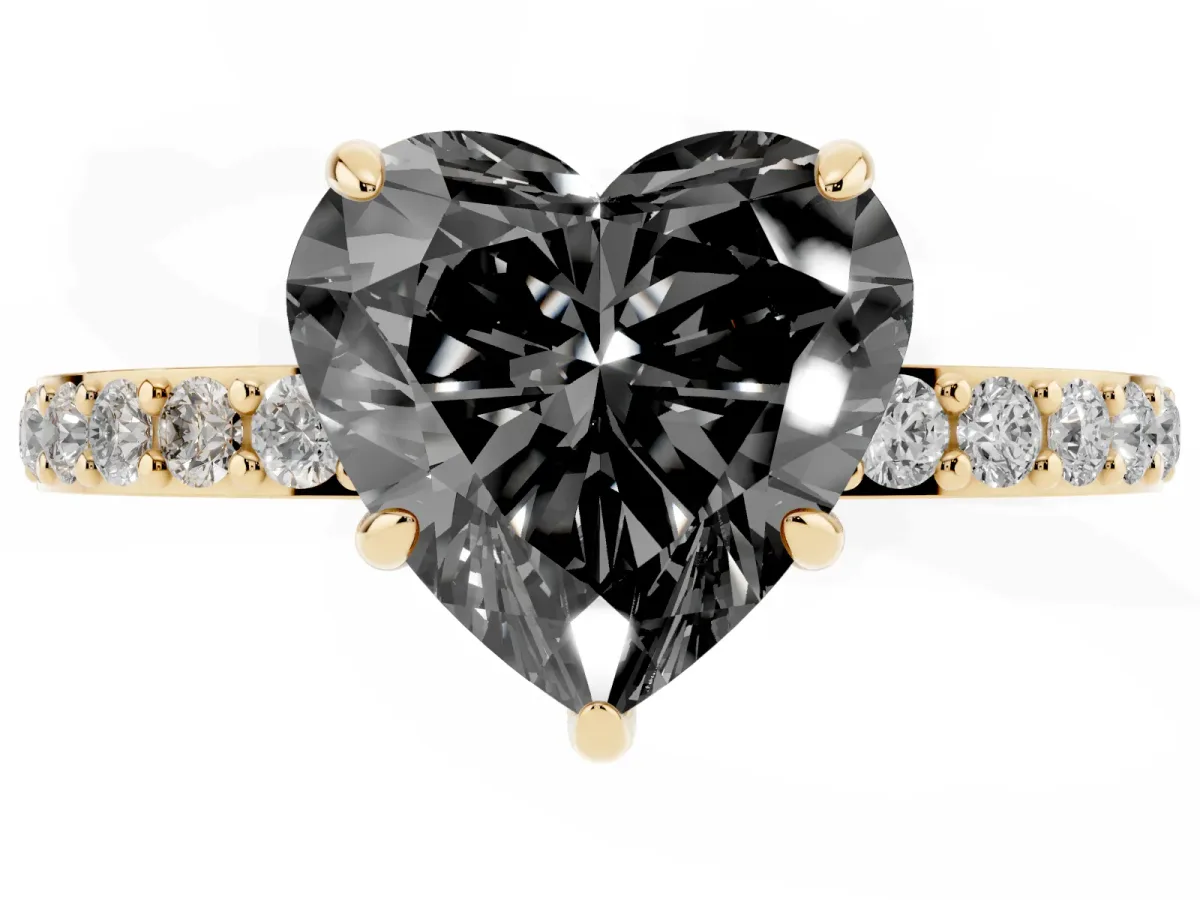 Fancy Black Heart Cut Diamond Pavé Engagement Ring with Round Accents and Prong Setting Yellow gold