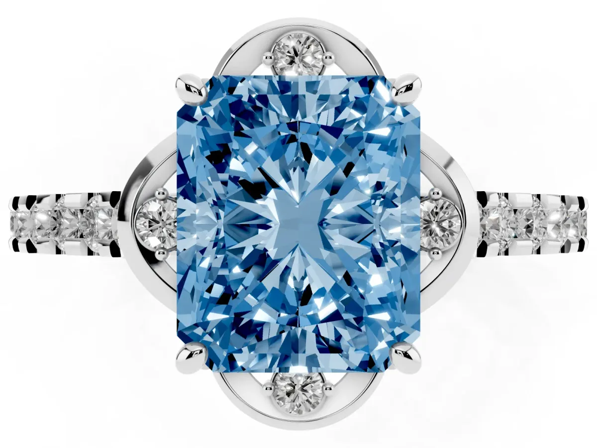 Fancy Blue Radiant Cut Diamond Ring with Pavé Band and Floral Prong Setting White gold
