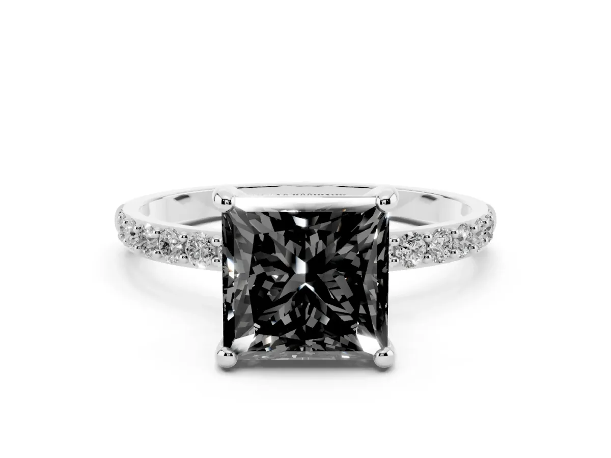 Fancy Black Princess Cut Diamond Solitaire Ring with Round Pavé Band and Prong Setting Silver