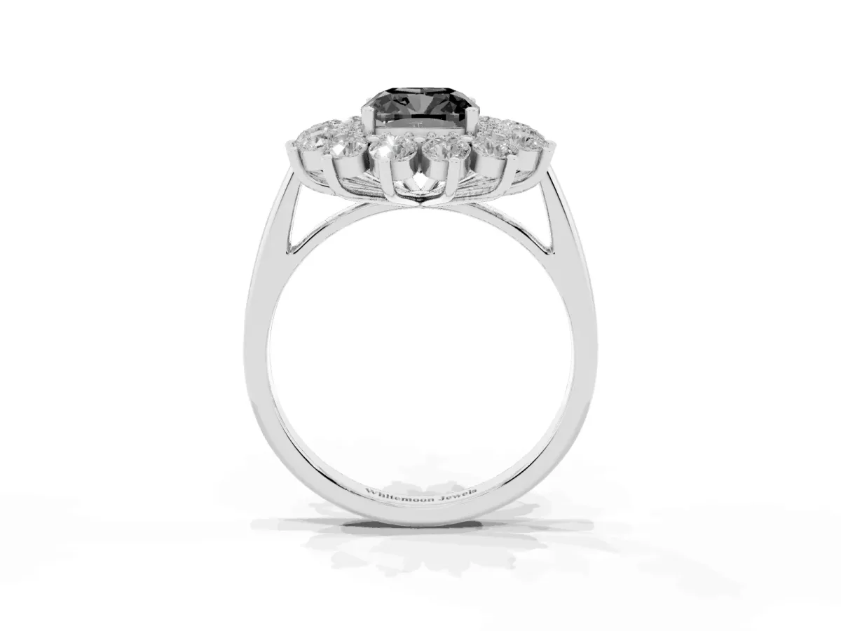 Fancy Black Cushion Cut Diamond Floral Double Halo Engagement Ring with Prong Setting Silver