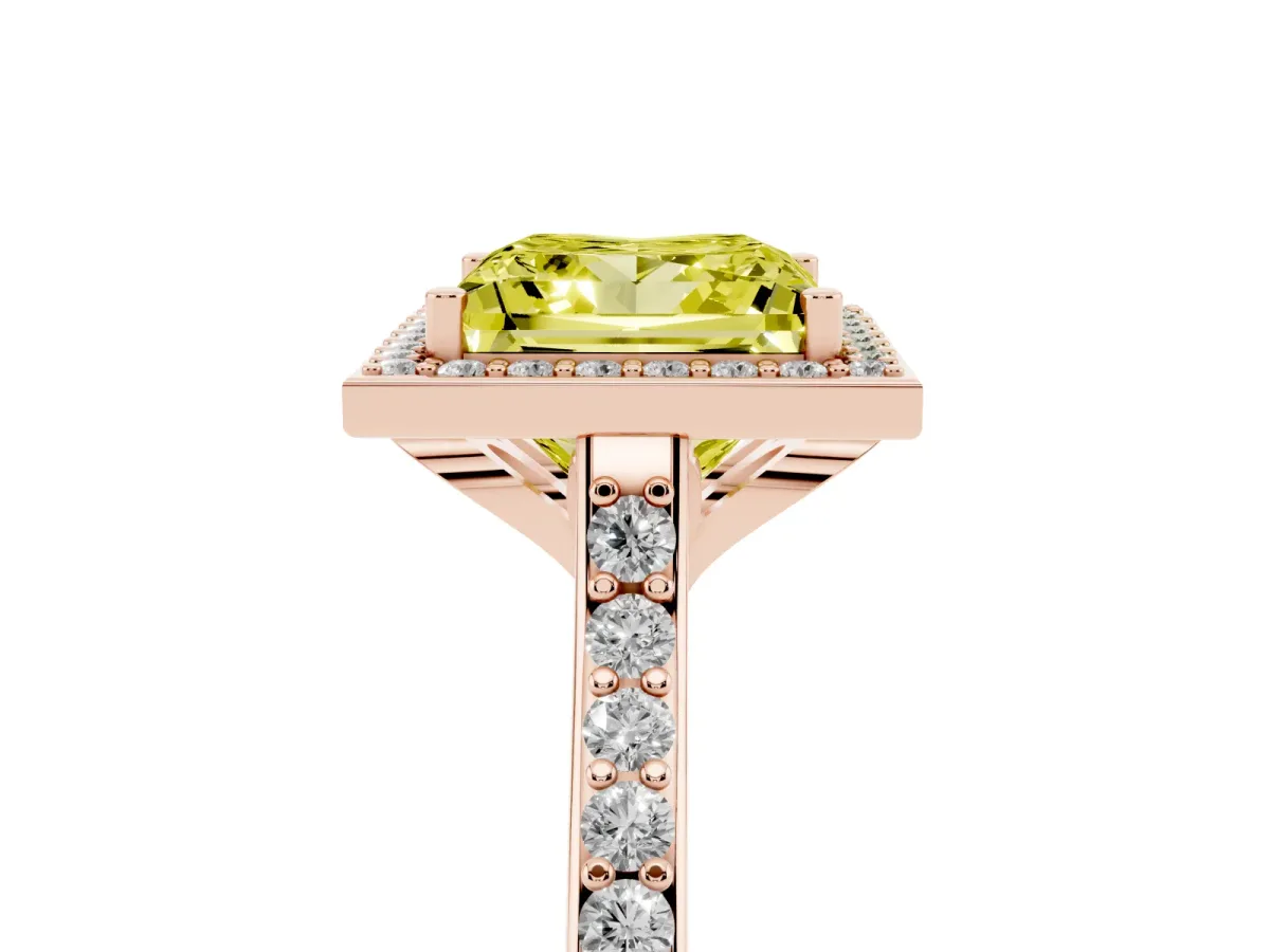 Fancy Yellow Princess Cut Diamond Halo Engagement Ring with Round Pavé Shoulders and Prong Setting Rose gold