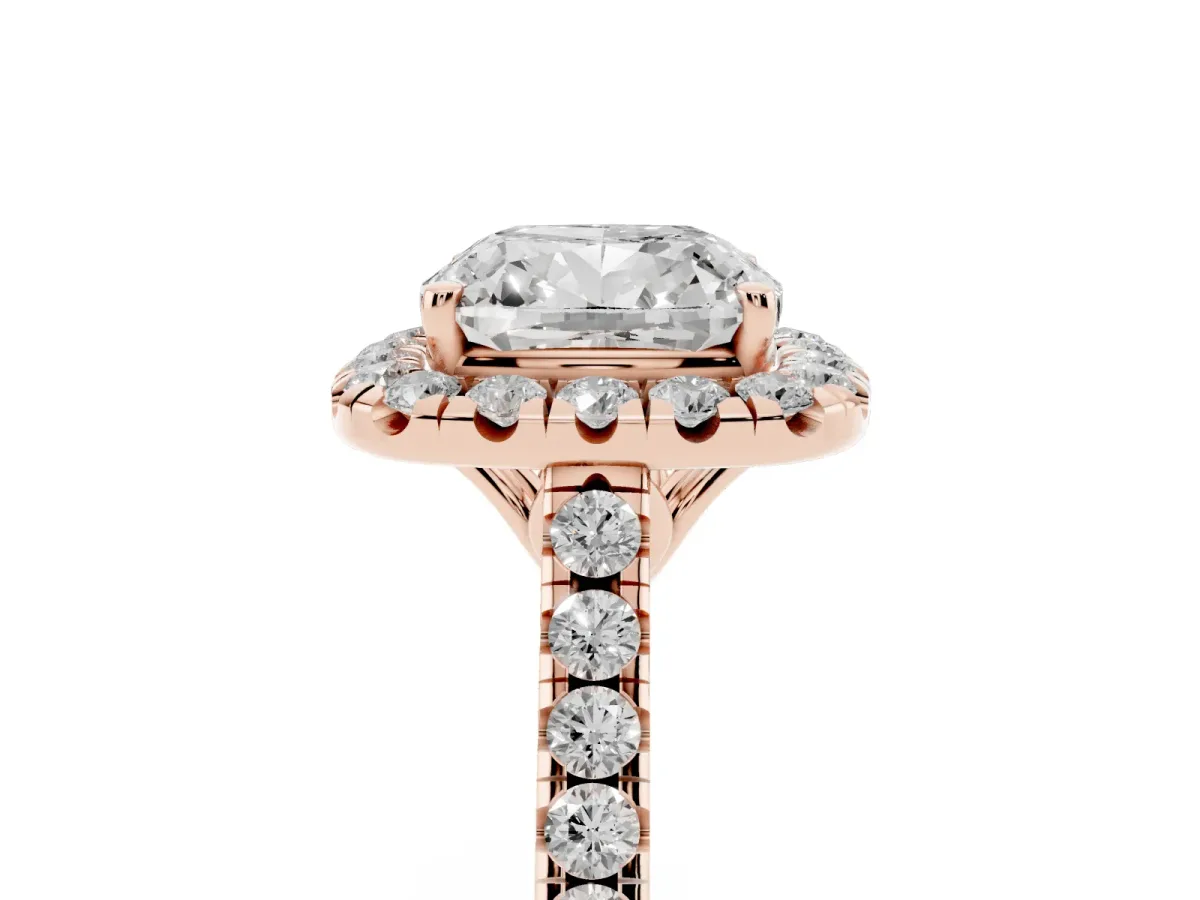 Cushion Cut Halo Pavé Diamond Engagement Ring with Four-Prong Setting Rose gold