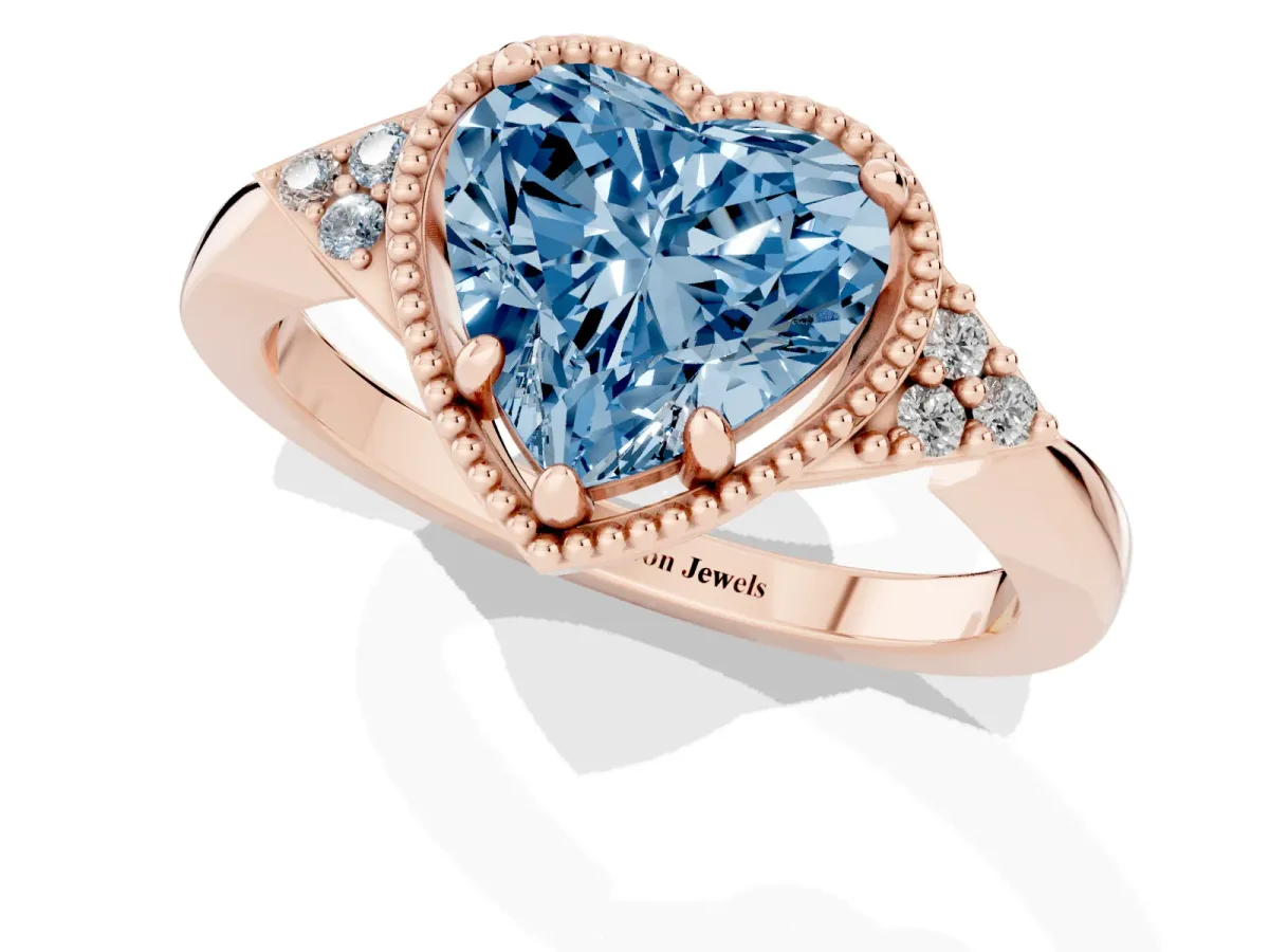 Fancy Blue Hexagonal Halo Heart Cut Diamond Solitaire with Pavé Band and Four-Prong Setting Rose gold