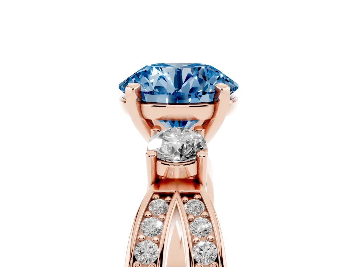 Fancy Blue Three-Stone Round Cut Cut Diamond Twist Band with Prong Setting Rose gold