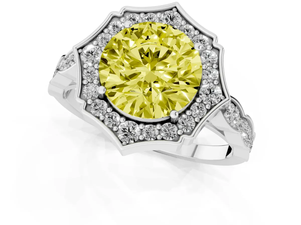 Fancy Yellow Round Cut Halo Diamond Engagement Ring with Milgrain Band and Four-Prong Setting White gold