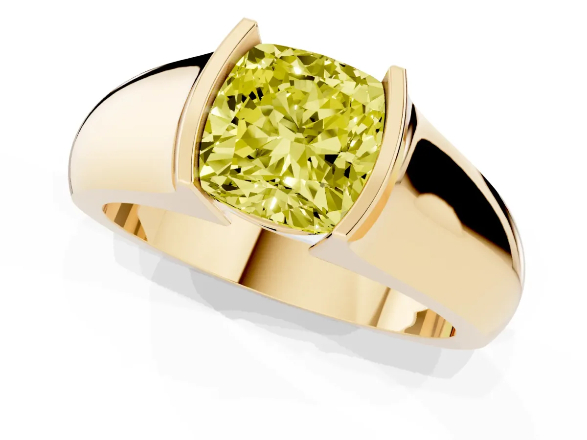 Fancy Yellow Cushion Cut Solitaire Bezel Set Diamond Ring with Wide Band Yellow gold