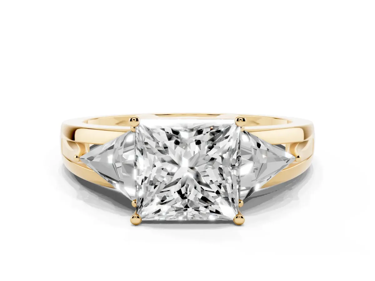 Three-Stone Princess Cut Cut Diamond Ring with Trillion Side Stones on a Split Shank Band Yellow gold