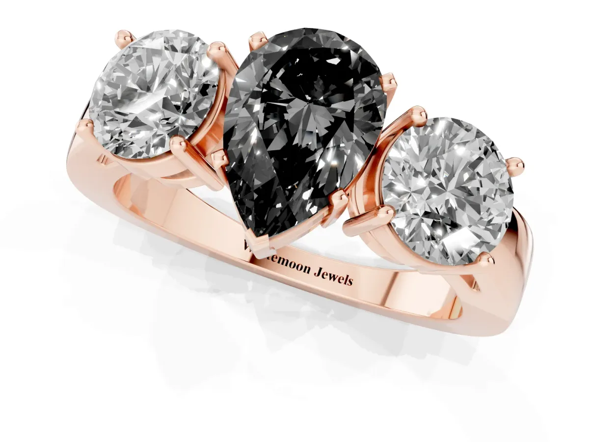 Fancy Black Three-Stone Pear Cut Diamond Ring with Round Side Stones, Classic Band, and Four-Prong Setting Rose gold