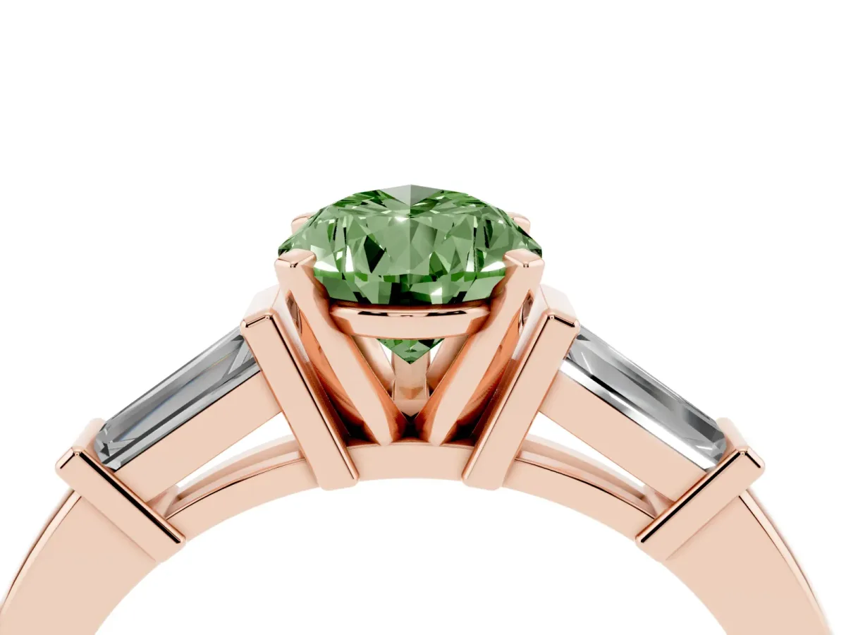 Fancy Green Pear Cut Cut Diamond Solitaire Ring with Tapered Baguette Accents and Four-Prong Setting Rose gold