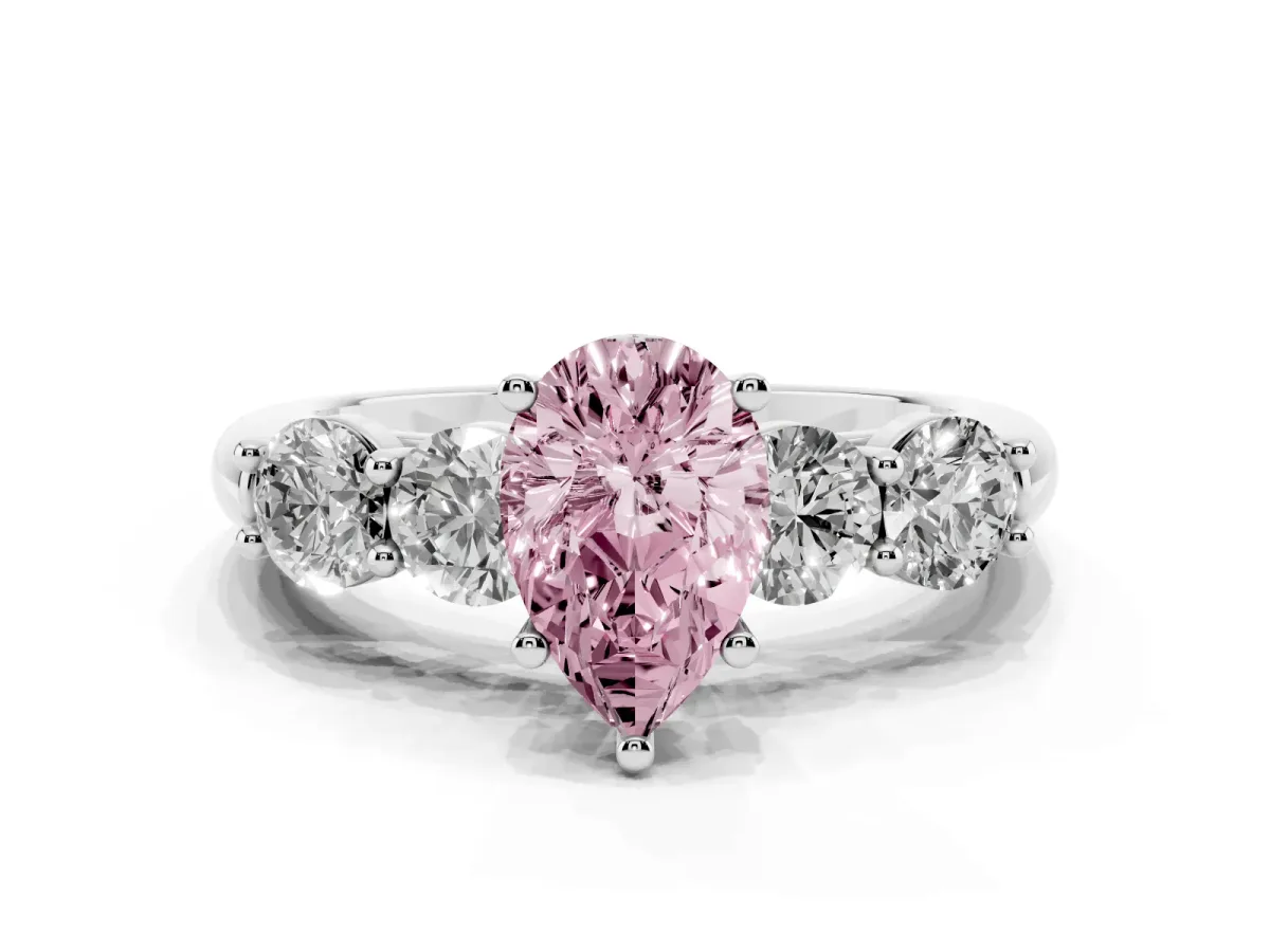 Fancy Pink Pear Cut Cut Five-Stone Prong Set Diamond Ring with Classic Band Platinum