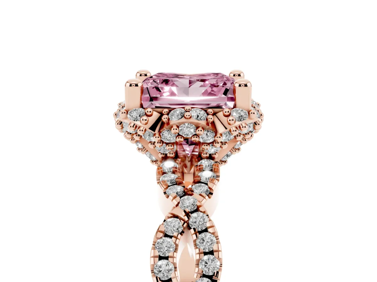 Fancy Pink Princess Cut Halo Twist Band Solitaire Ring with Six-Prong Setting Rose gold