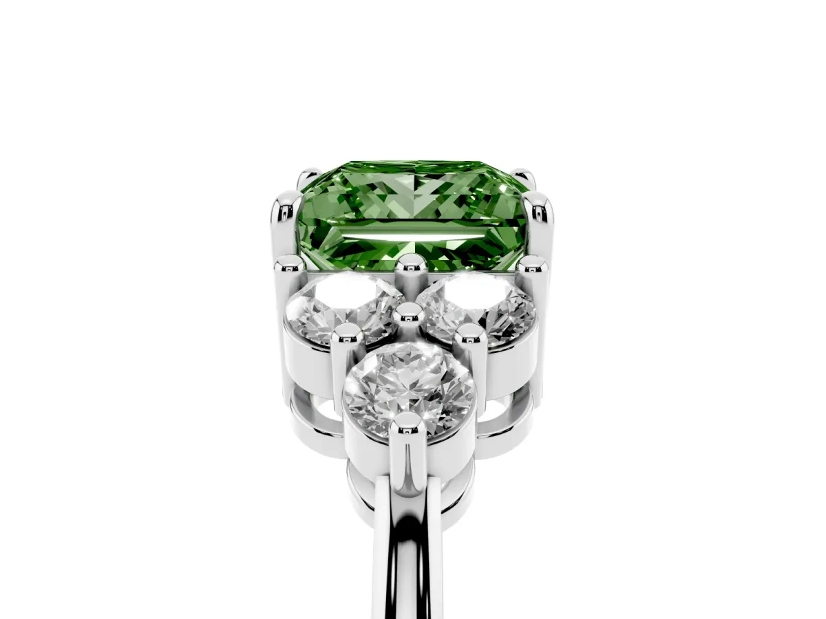 Fancy Green Princess Cut Brilliant Diamond Cluster Accent Solitaire Ring with Prong Setting Platinum