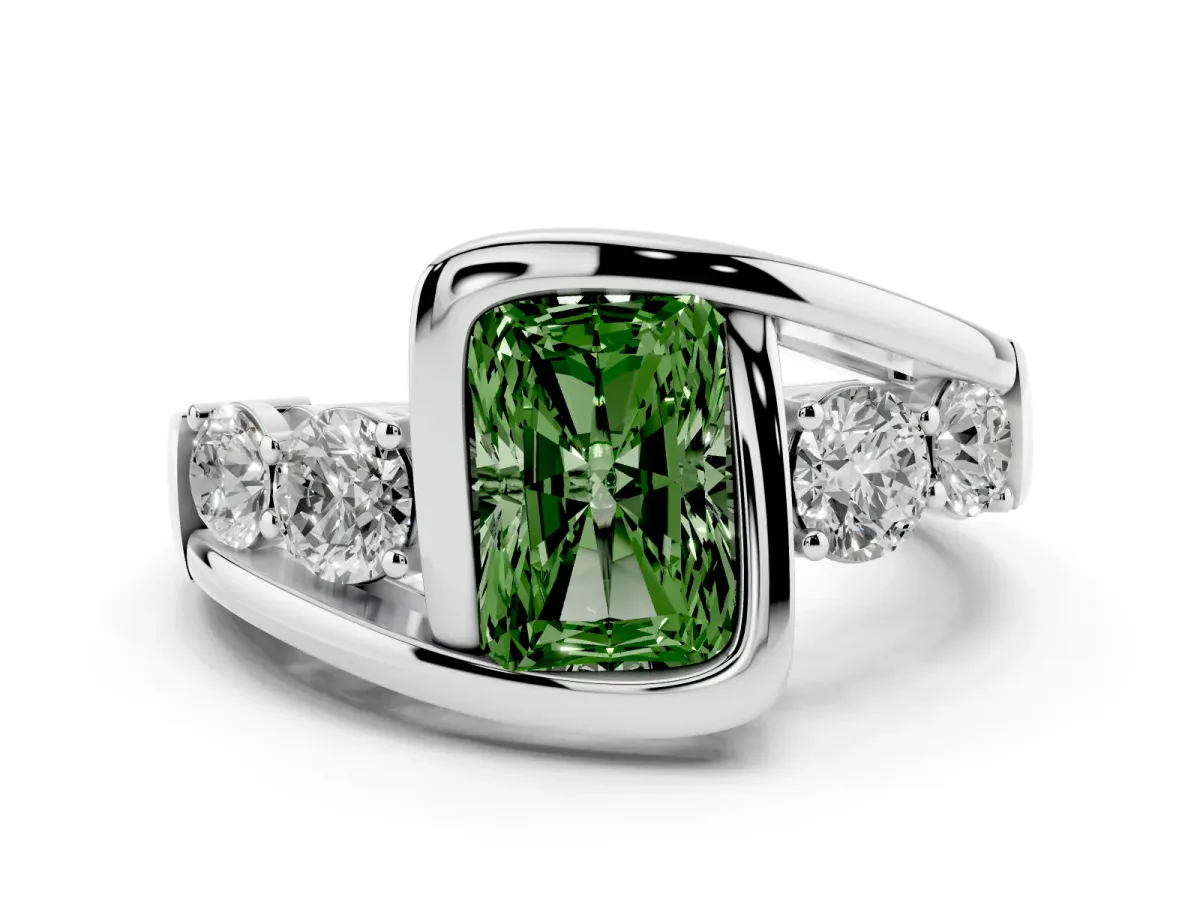 Fancy Green Bezel Set Radiant Cut Diamond Bypass Ring with Round Accents Silver