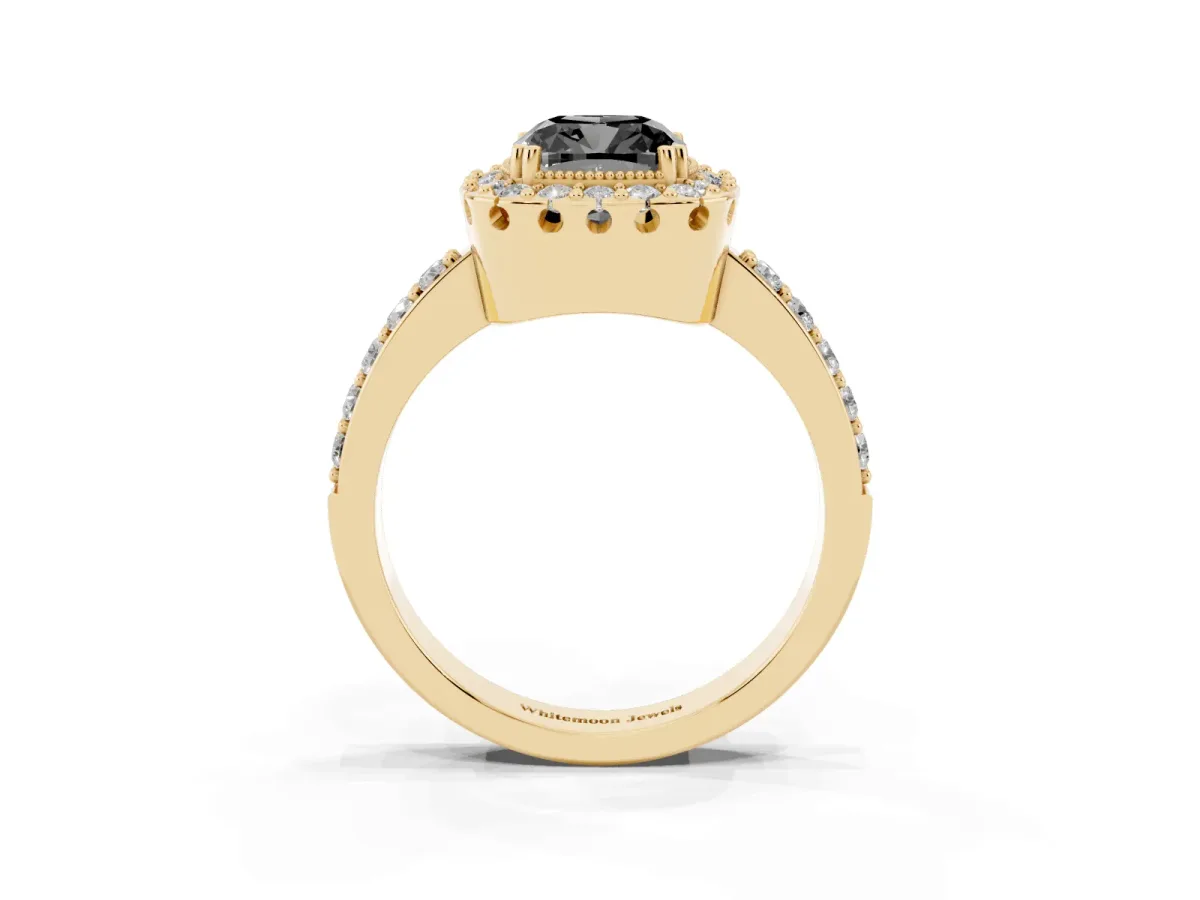 Fancy Black Cushion Cut Diamond Halo Ring with Pavé Band and Prong Setting Yellow gold