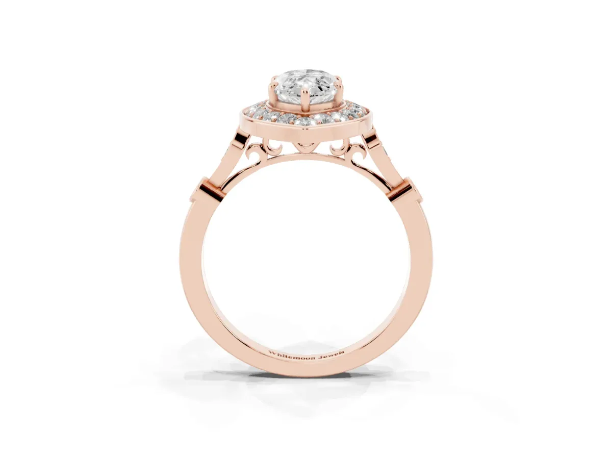 Marquise Cut Halo Diamond Engagement Ring with Twisted Band and Four-Prong Setting Rose gold