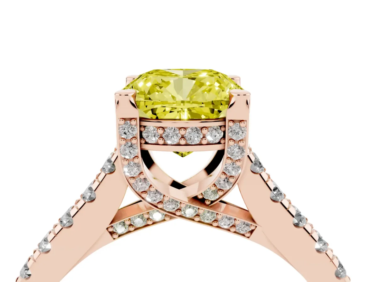 Fancy Yellow Cushion Cut Brilliant Diamond Solitaire with Pavé Band and Four-Prong Setting Rose gold