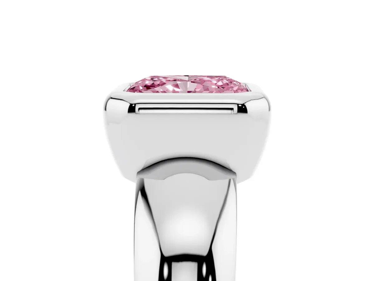 Fancy Pink Bezel Set Radiant Cut Solitaire Ring with Wide Band Platinum