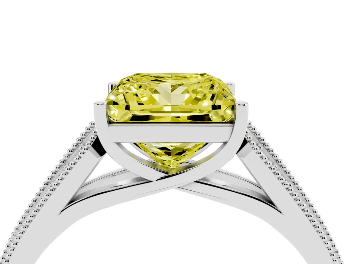 Fancy Yellow Princess Cut Cut Pave Split Shank Engagement Ring with Four-Prong Setting White gold