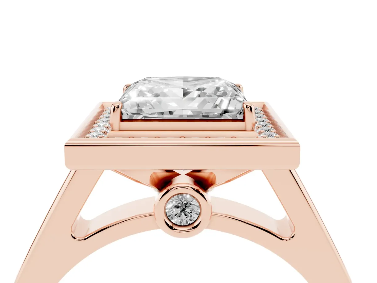 Princess Cut Halo Solitaire Diamond Ring with Pave Band and Bezel Setting Rose gold
