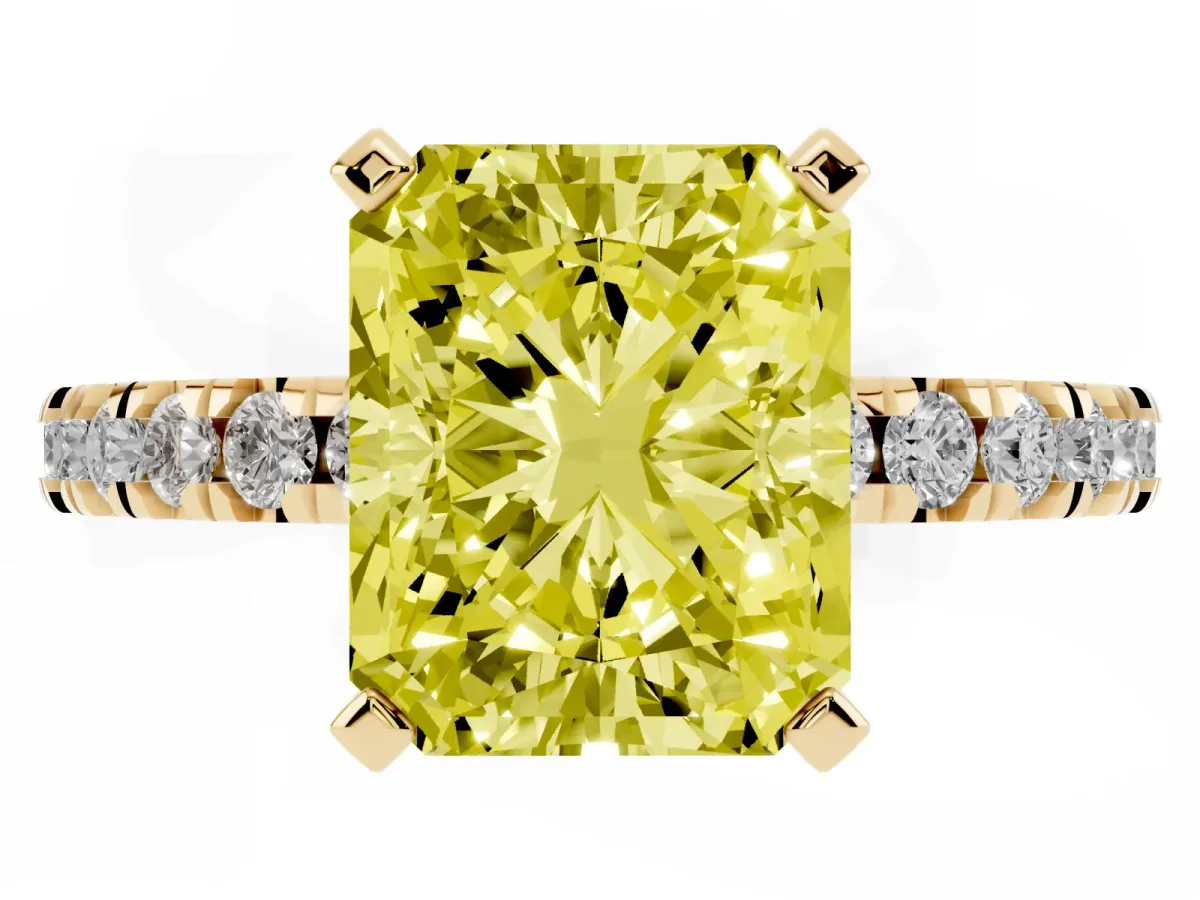 Fancy Yellow Radiant Cut Diamond Pavé Band Solitaire with Four-Prong Setting Yellow gold