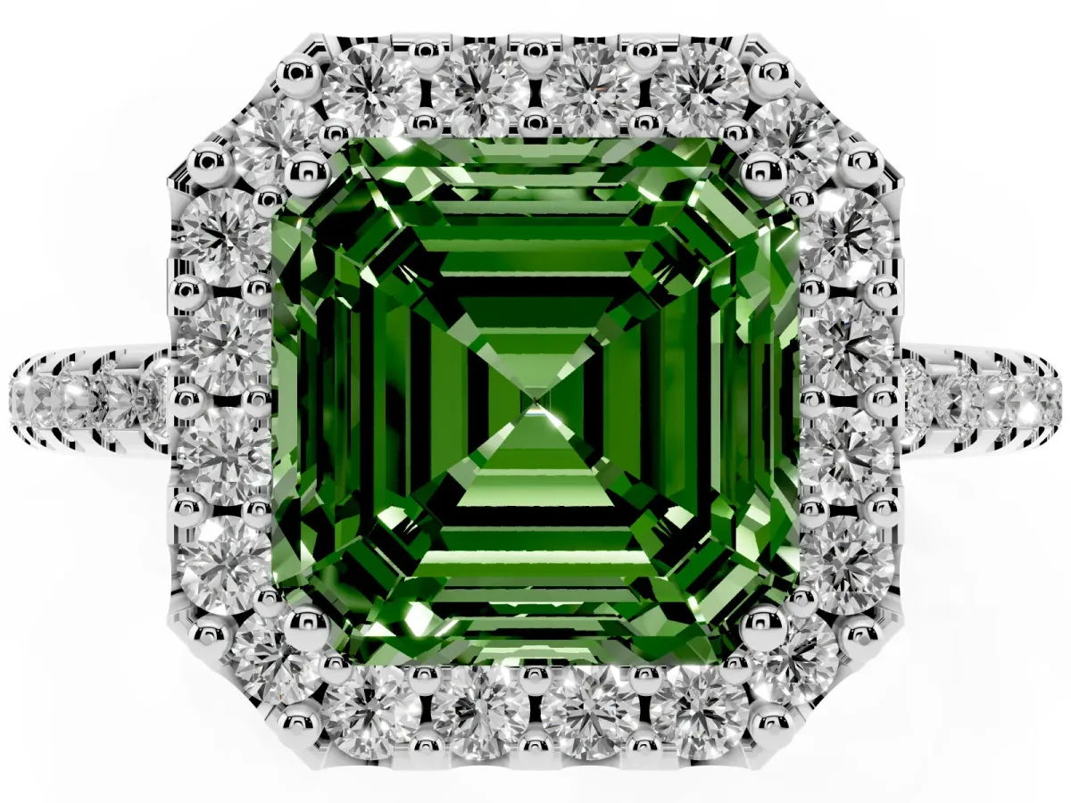 Fancy Green Asscher Cut Diamond Pavé Halo Ring with Four-Prong Setting Silver