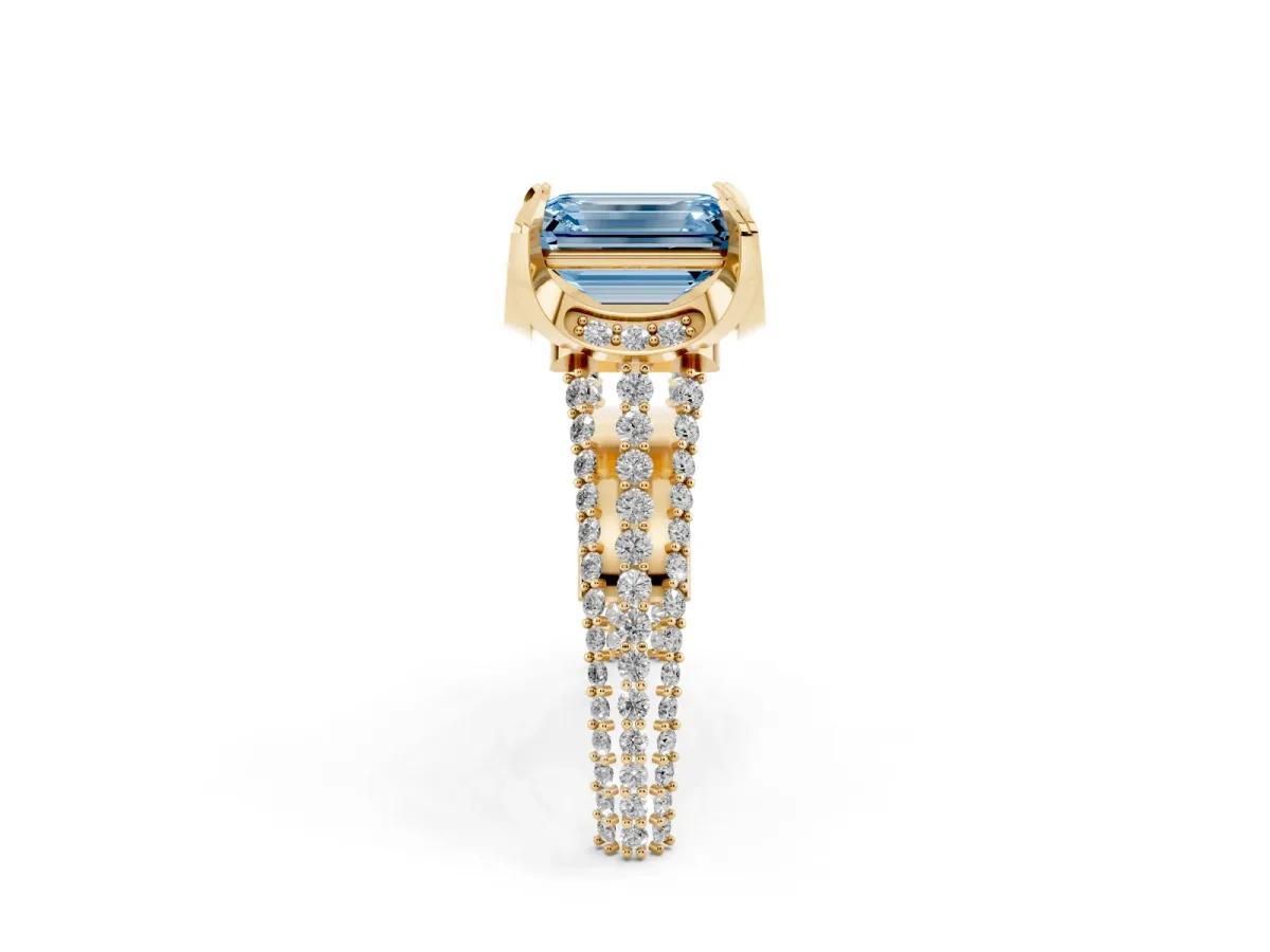 Fancy Blue Emerald Cut Solitaire Pave Split Shank Ring with Four-Prong Setting Yellow gold