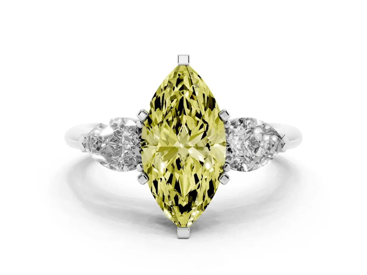 Fancy Yellow Three-Stone Marquise Cut Diamond Ring with Pear Side Stones and Four-Prong Setting Platinum