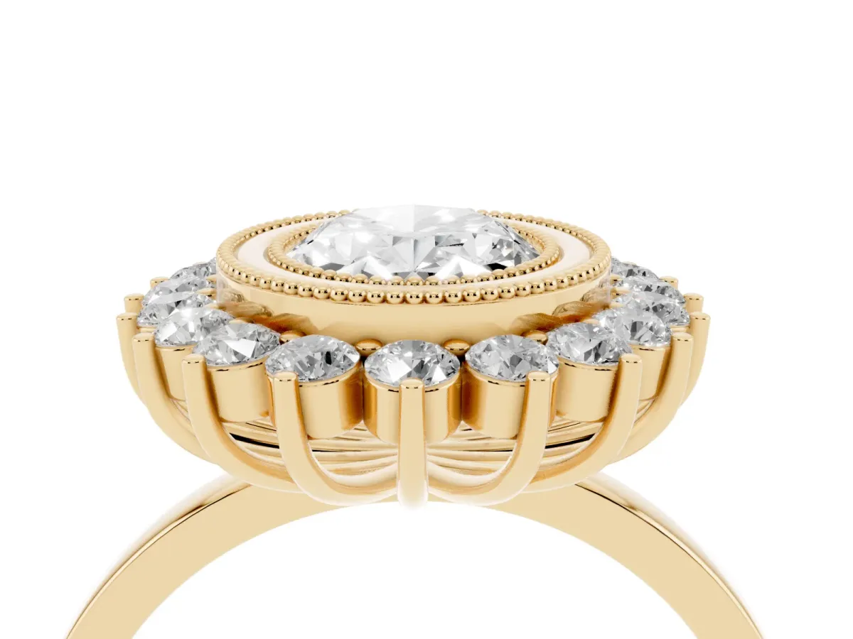 Oval Cut Halo Diamond Ring with Milgrain Edge and Round Prong Setting Yellow gold
